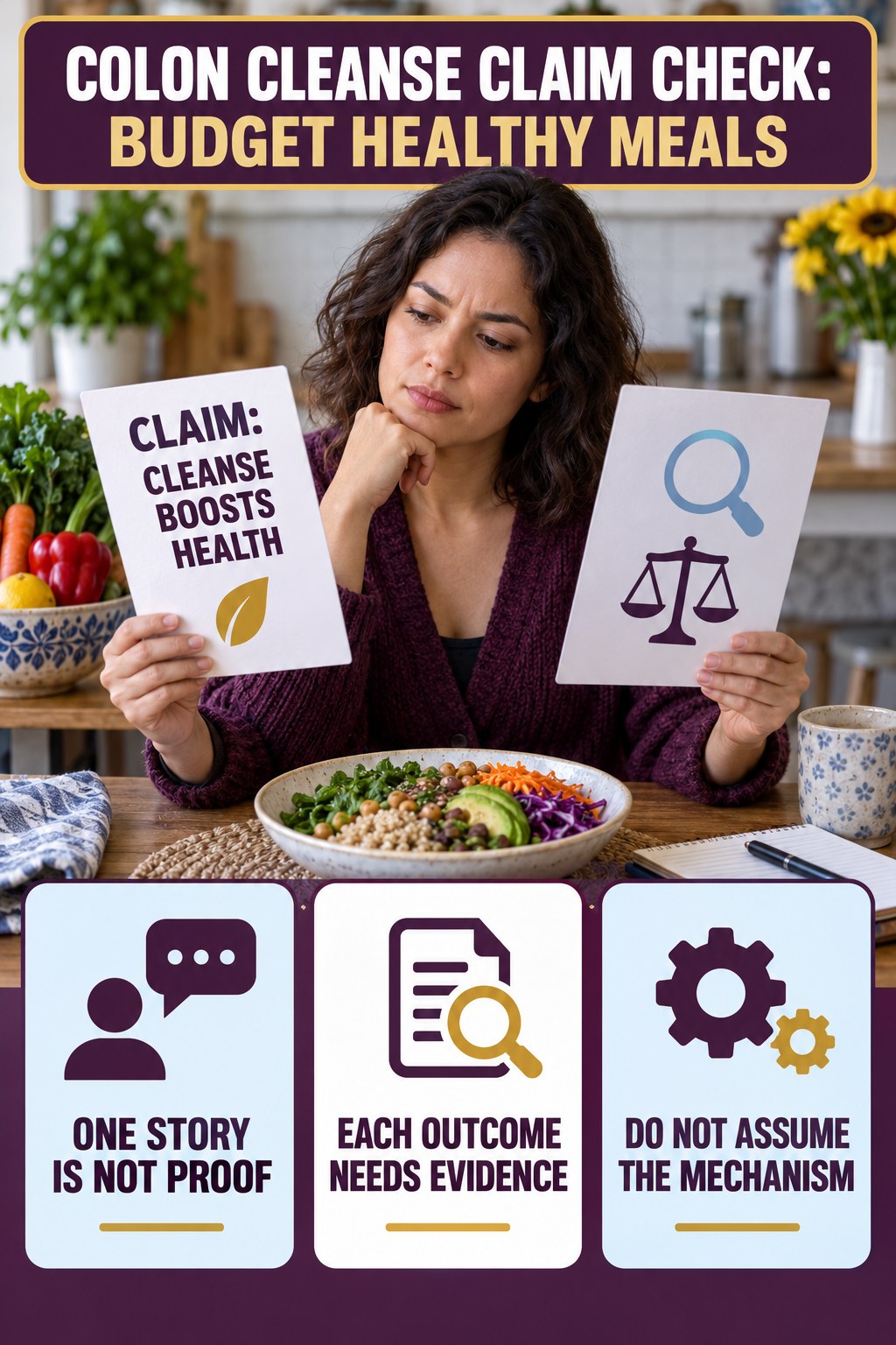 Skin, Energy, and Immunity Claims infographic for Budget Healthy Meals, separating a colon-cleanse marketing claim from evidence, reasonable conclusions, and safety context.