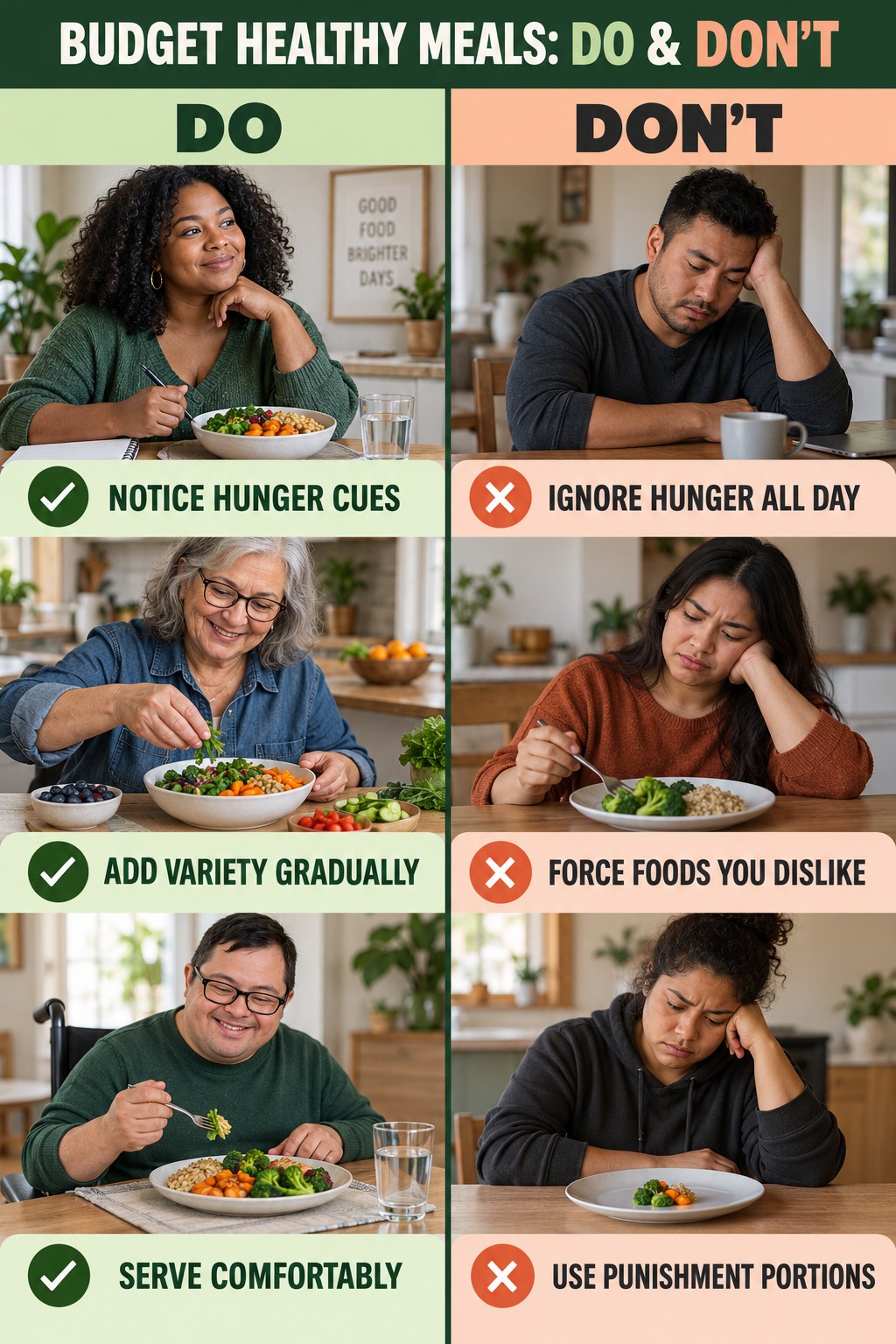 Budget Healthy Meals Do and Don’t comparison graphic showing three practical behavior pairs for balanced choices.