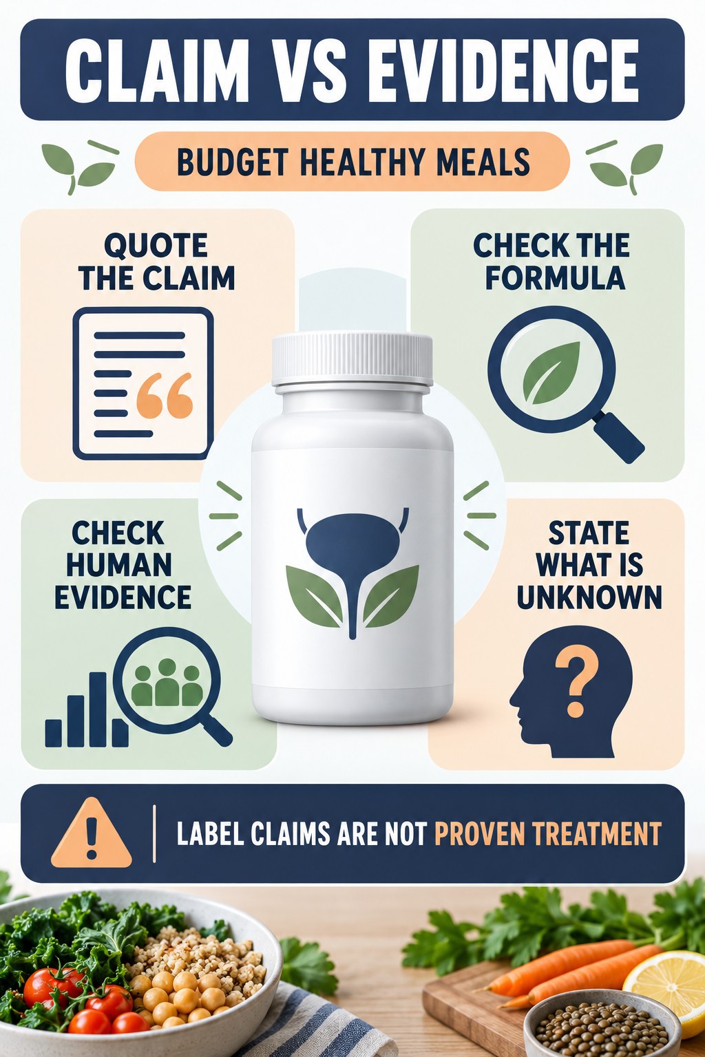 Evaluate “Supports Prostate Health” as Marketing Language prostate supplement label-literacy infographic for Budget Healthy Meals with four careful reading points.