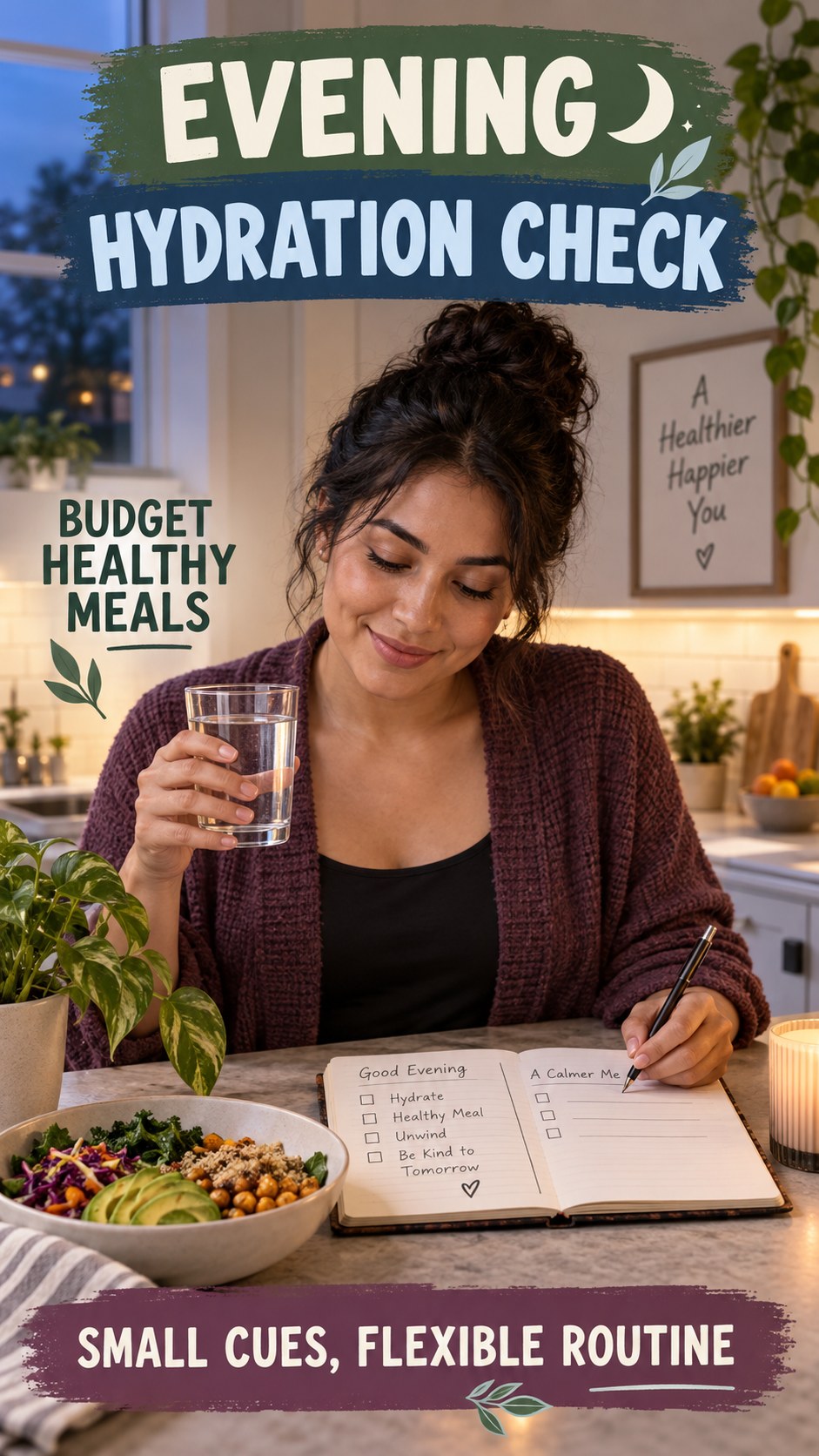 Evening Hydration Awareness infographic for Budget Healthy Meals, showing a flexible and calming evening wellness routine.