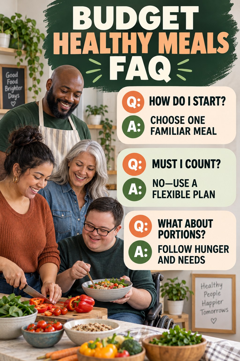 Budget Healthy Meals FAQ graphic with three concise questions and practical answers for beginners.