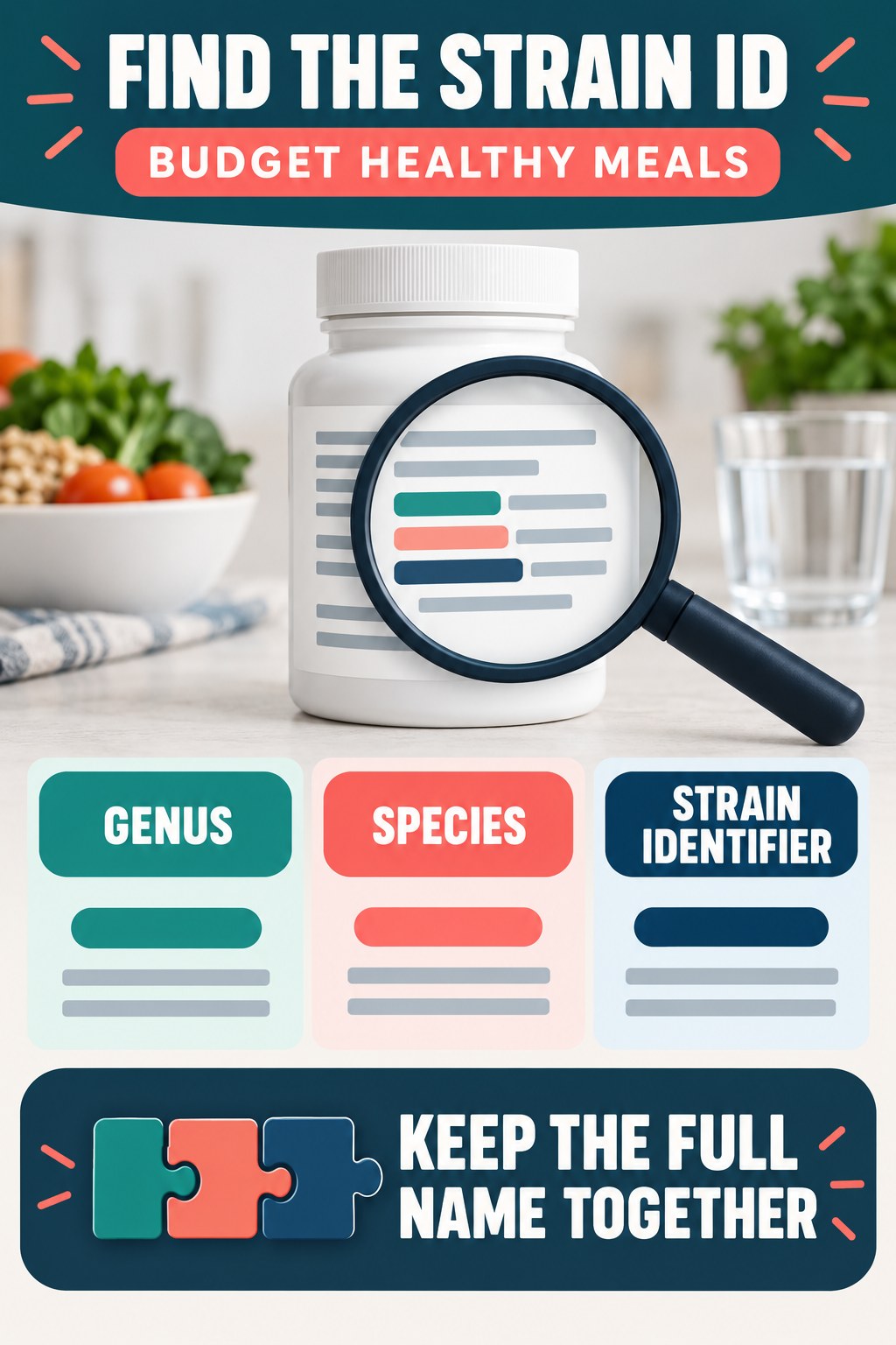 Find the Strain Identifier on a Probiotic Label infographic for Budget Healthy Meals with four concise probiotic-label reading points.