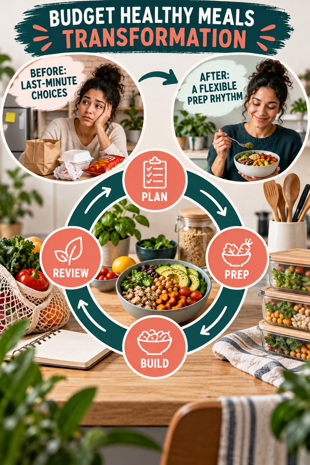 Budget Healthy Meals habit transformation graphic comparing last-minute choices with a flexible prep rhythm using four practical steps.
