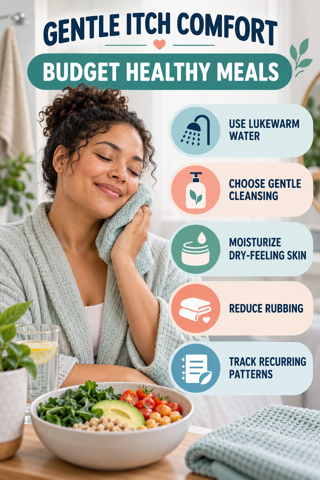Gentle Everyday Comfort Routine infographic for Budget Healthy Meals with five gentle itchy-skin comfort strategies and a non-diagnostic safety focus.