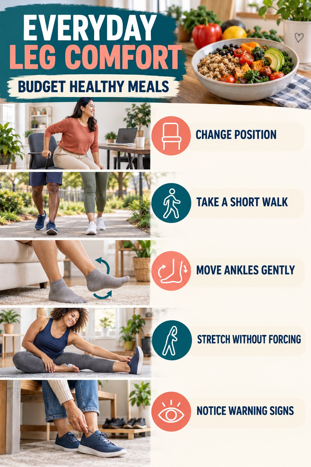Gentle Everyday Leg Comfort infographic for Budget Healthy Meals with five gentle movement, position, footwear, recovery, or safety actions.
