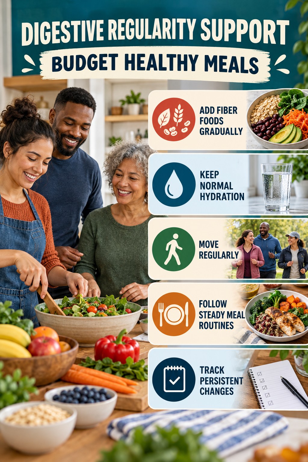 Gentle Everyday Regularity Habits infographic for Budget Healthy Meals with five practical food, hydration, movement, or routine actions and no cleanse claims.