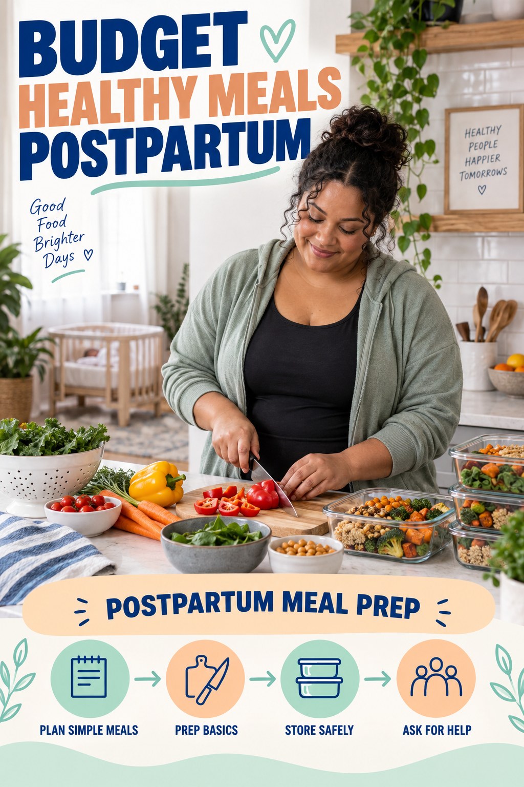 Budget Healthy Meals postpartum graphic titled Postpartum Meal Prep with four gradual recovery-aware prompts.