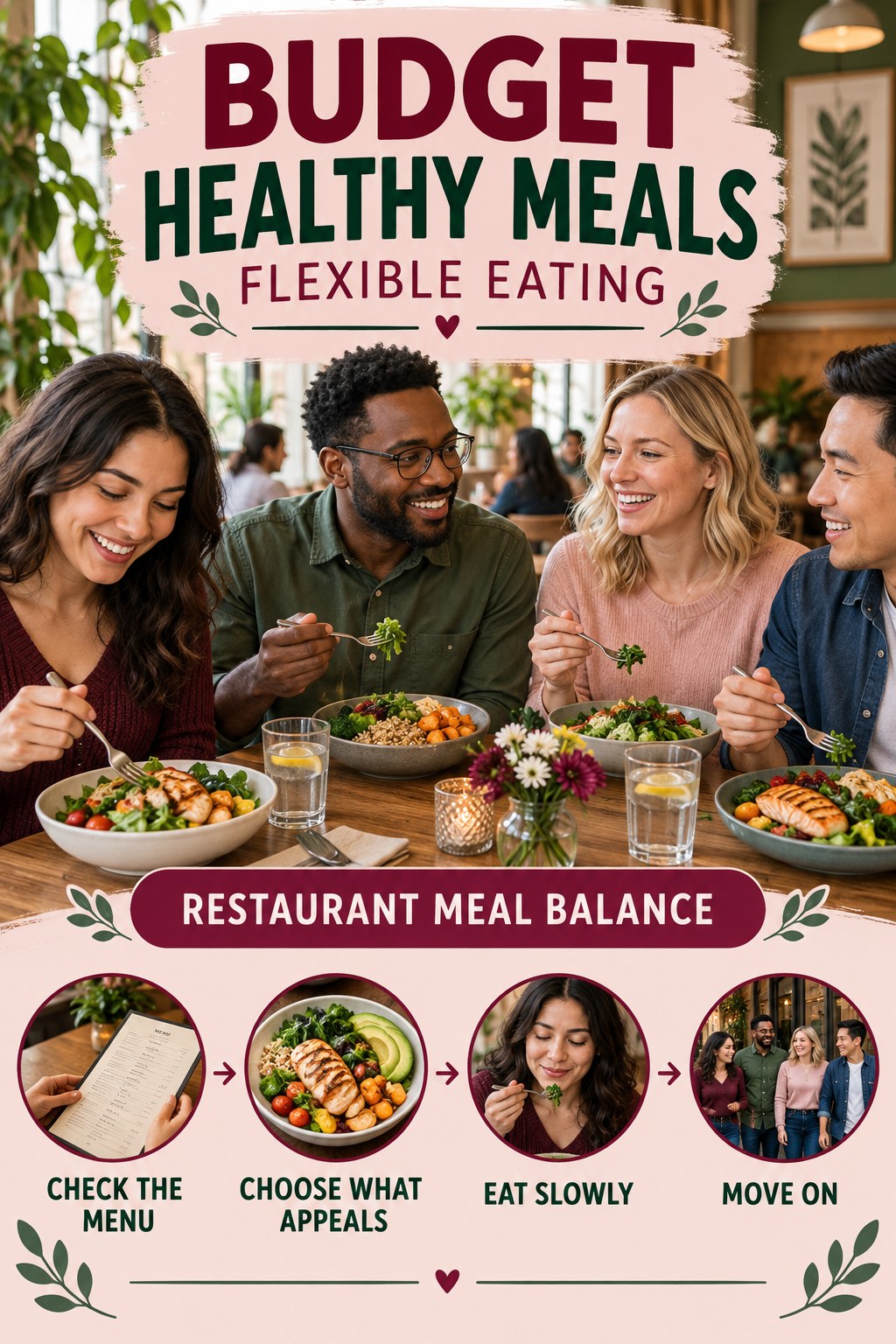 Budget Healthy Meals flexible eating graphic titled Restaurant Meal Balance with four practical balance prompts.