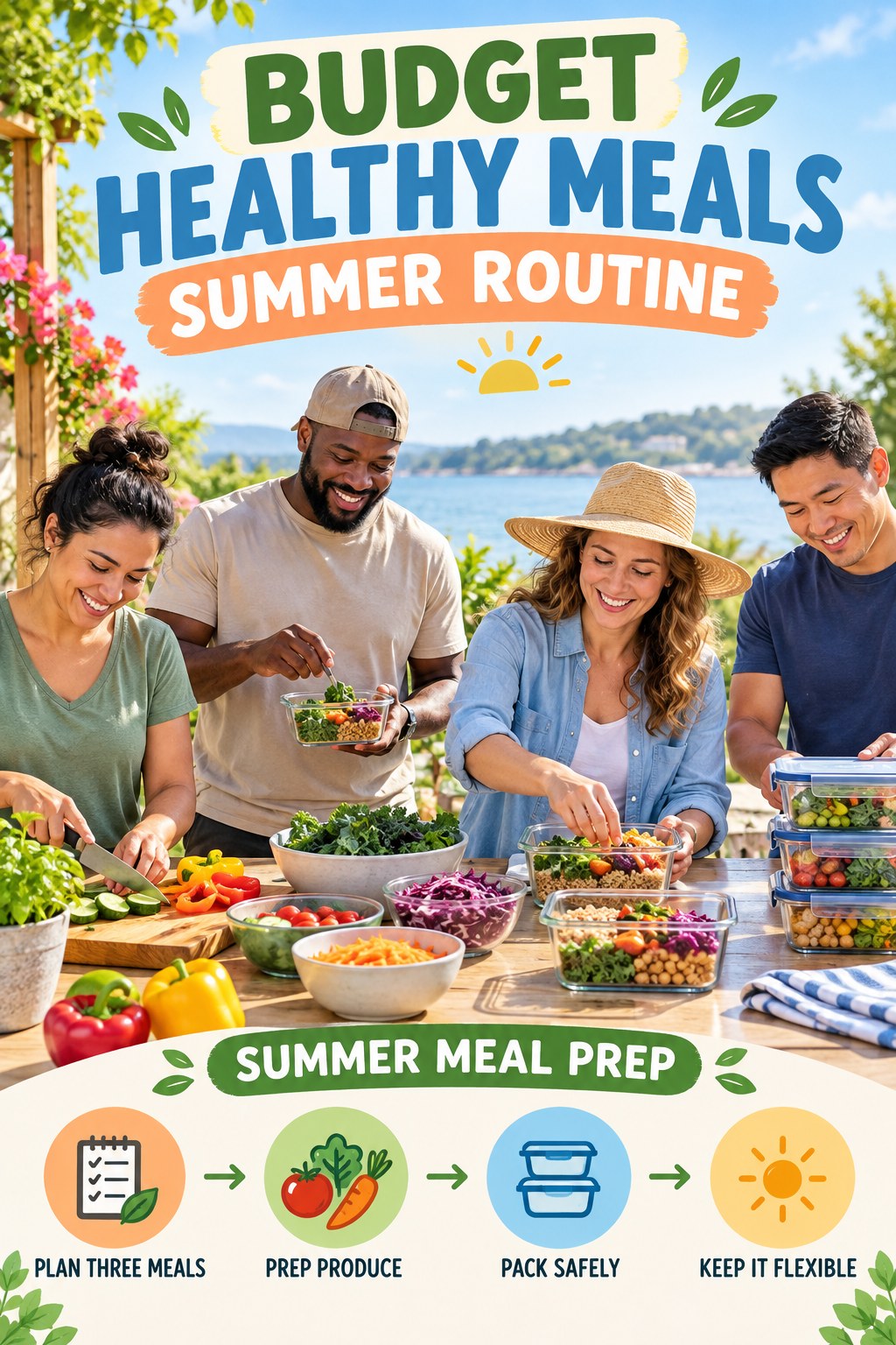 Budget Healthy Meals summer routine graphic titled Summer Meal Prep with four practical wellness prompts.