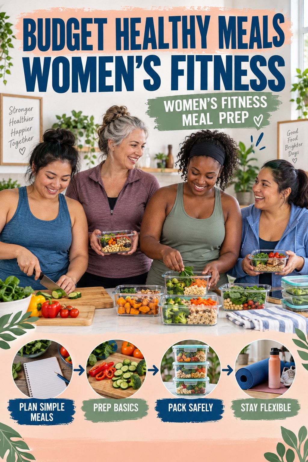 Budget Healthy Meals women’s fitness graphic titled Women’s Fitness Meal Prep with four practical training prompts.