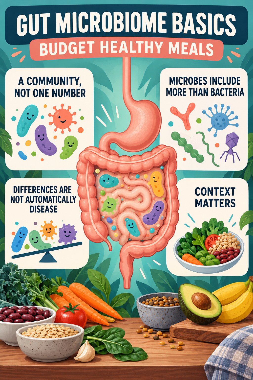Gut Microbiome Basics Without a Perfect Score educational infographic for Budget Healthy Meals with four evidence-aware points.