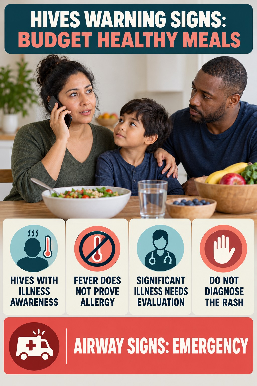 Hives with Illness Awareness infographic for Budget Healthy Meals, highlighting urgent breathing, throat, swelling, fainting, and rapid-progression warning signs without diagnosing hives.