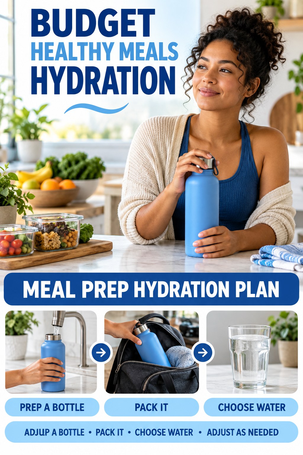 Budget Healthy Meals hydration graphic titled Meal Prep Hydration Plan with four flexible water-habit prompts and no fixed intake target.