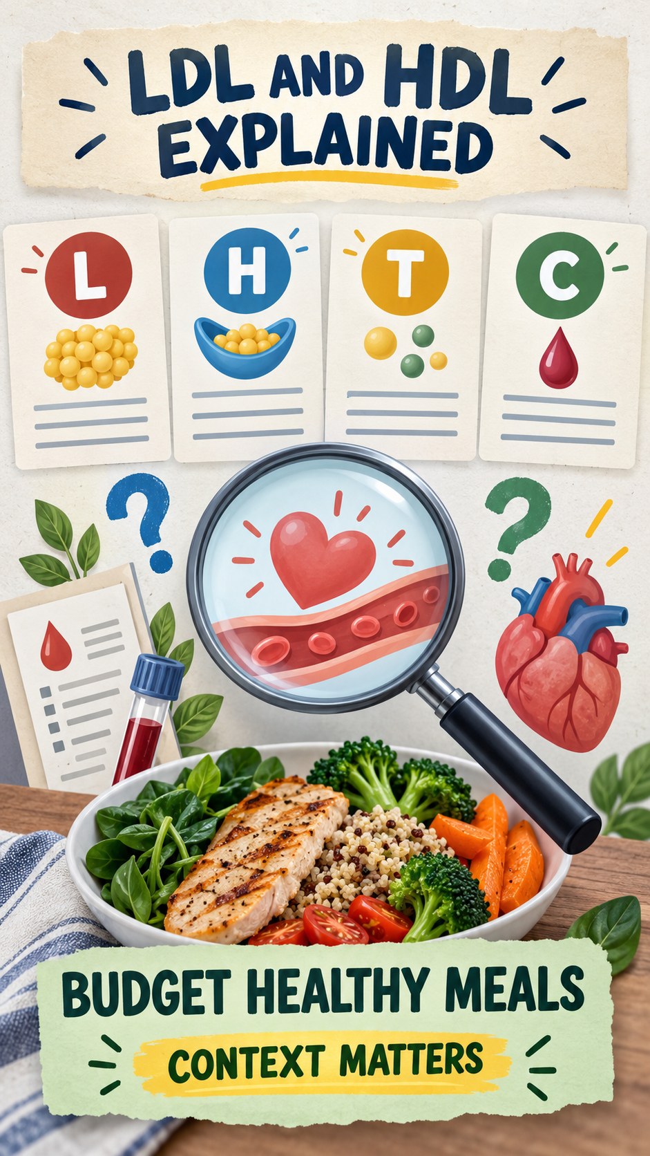 LDL and HDL Context Guide infographic for Budget Healthy Meals, using a non-numerical educational lipid-panel layout with question and context icons.