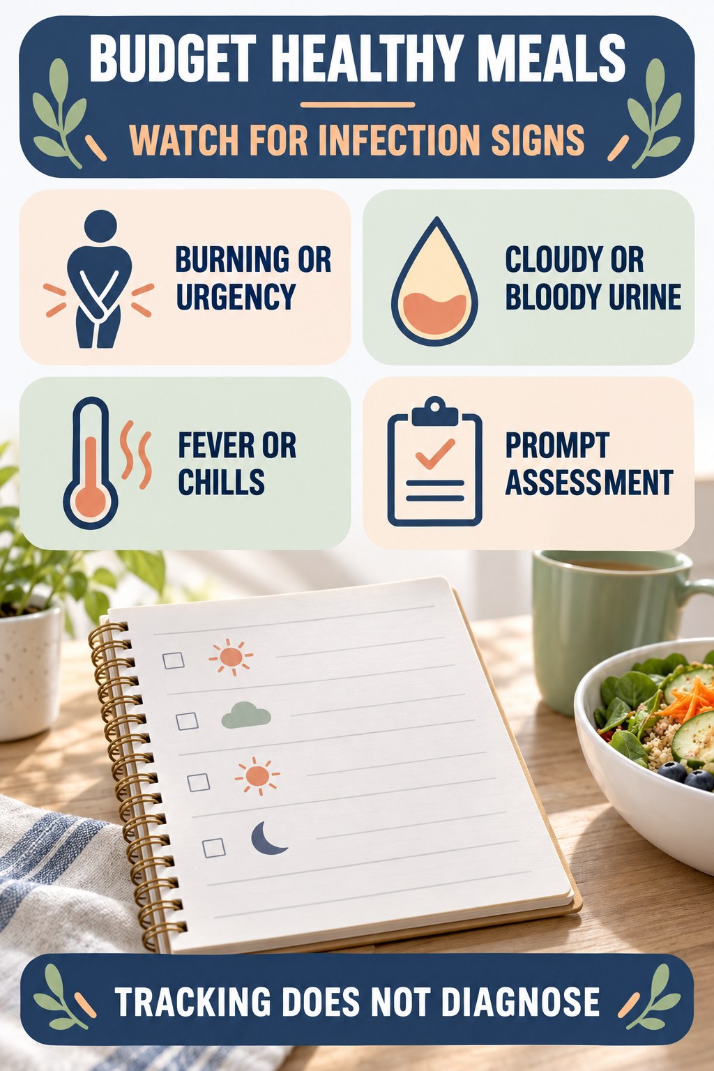Log Possible Infection Warning Signs urinary symptom tracking infographic for Budget Healthy Meals with four practical diary points and a non-diagnostic reminder.