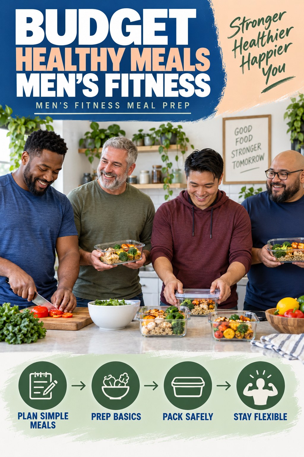 Budget Healthy Meals men’s fitness graphic titled Men’s Fitness Meal Prep with four practical training prompts.