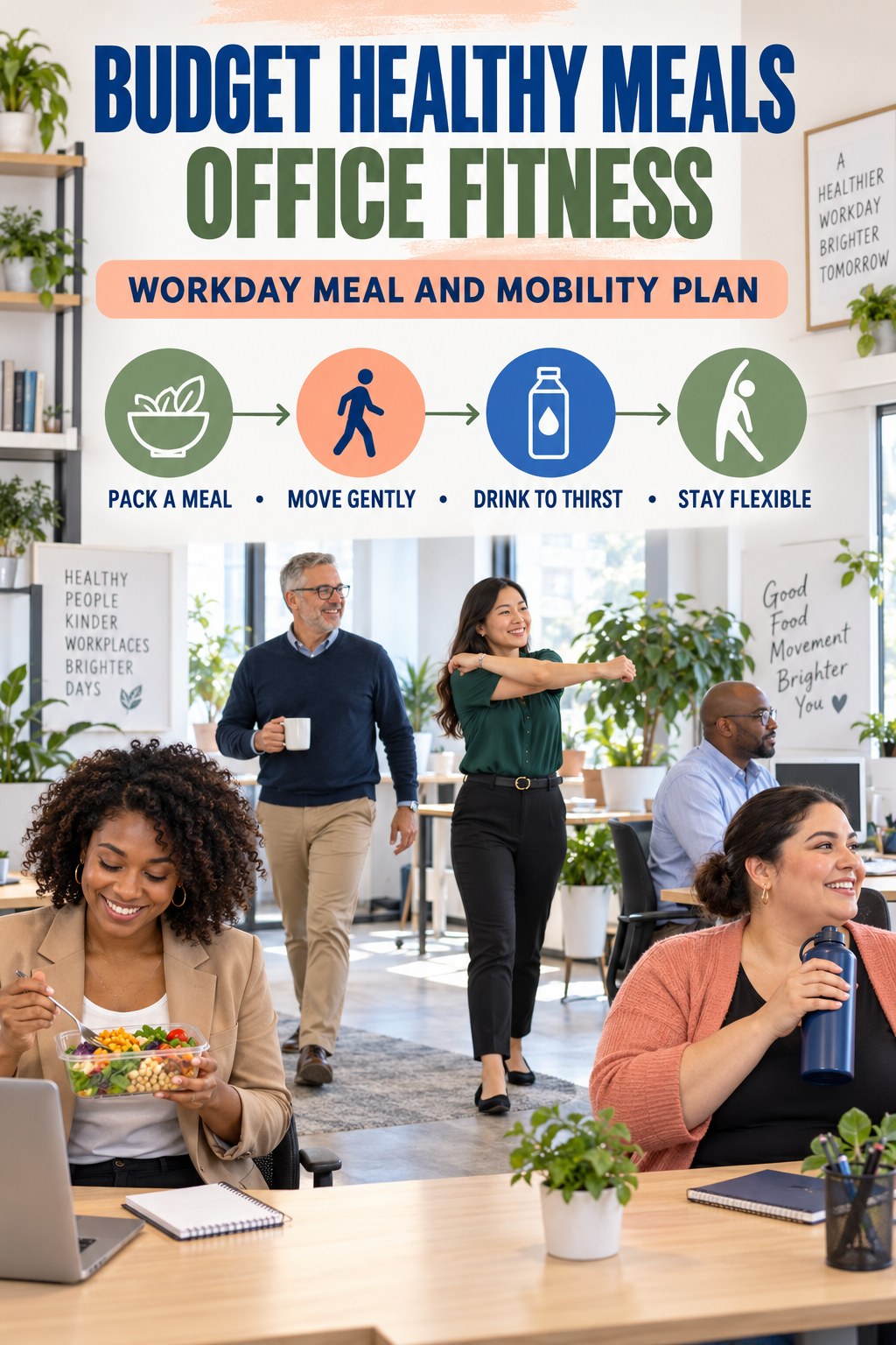 Budget Healthy Meals office-fitness graphic titled Workday Meal and Mobility Plan with four practical workday movement prompts.