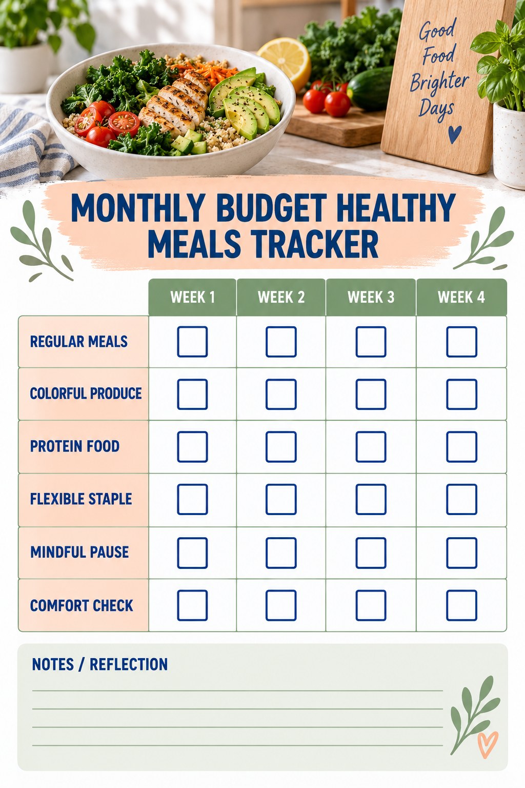 Monthly Budget Healthy Meals printable-style tracker graphic with six labeled rows, empty checkboxes, and a reflection area.