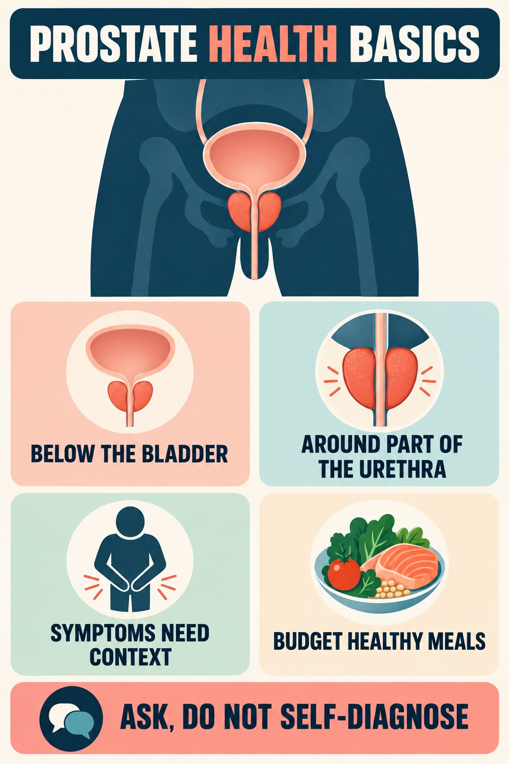 Prostate Anatomy Without Myths infographic for Budget Healthy Meals with four concise prostate-health awareness points.