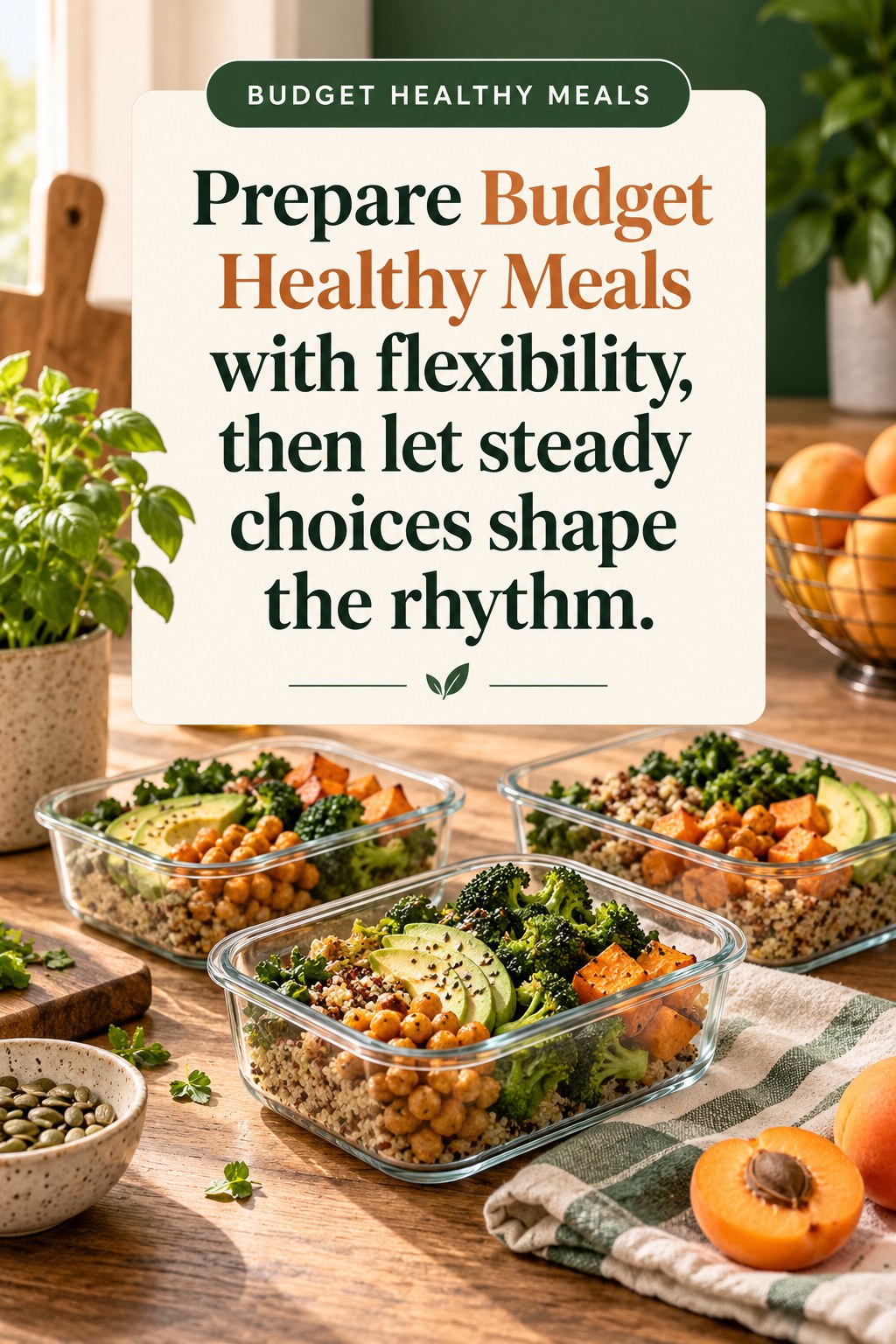 Original Budget Healthy Meals quote graphic reading “Prepare Budget Healthy Meals with flexibility, then let steady choices shape the rhythm.” in a board-relevant editorial design.