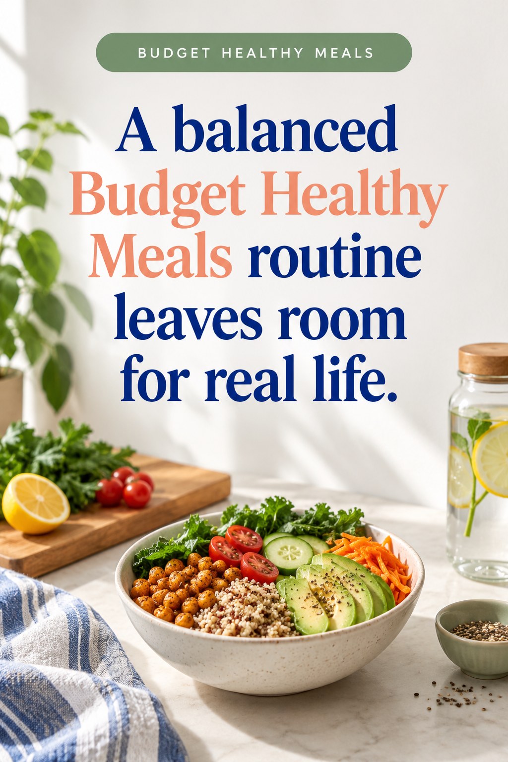 Original Budget Healthy Meals quote graphic reading “A balanced Budget Healthy Meals routine leaves room for real life.” in a board-relevant editorial design.
