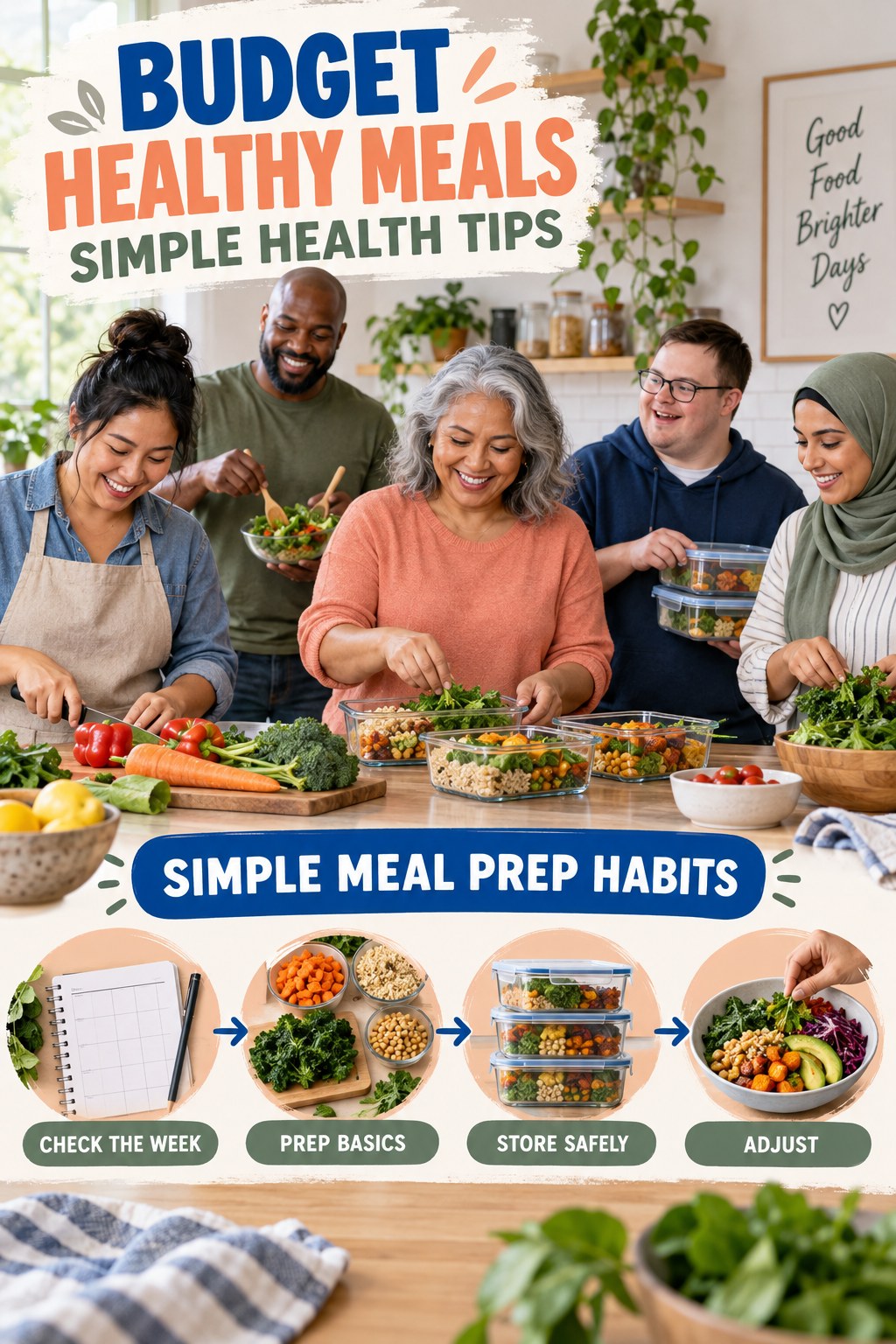 Budget Healthy Meals simple-health graphic titled Simple Meal Prep Habits with four practical wellness prompts.
