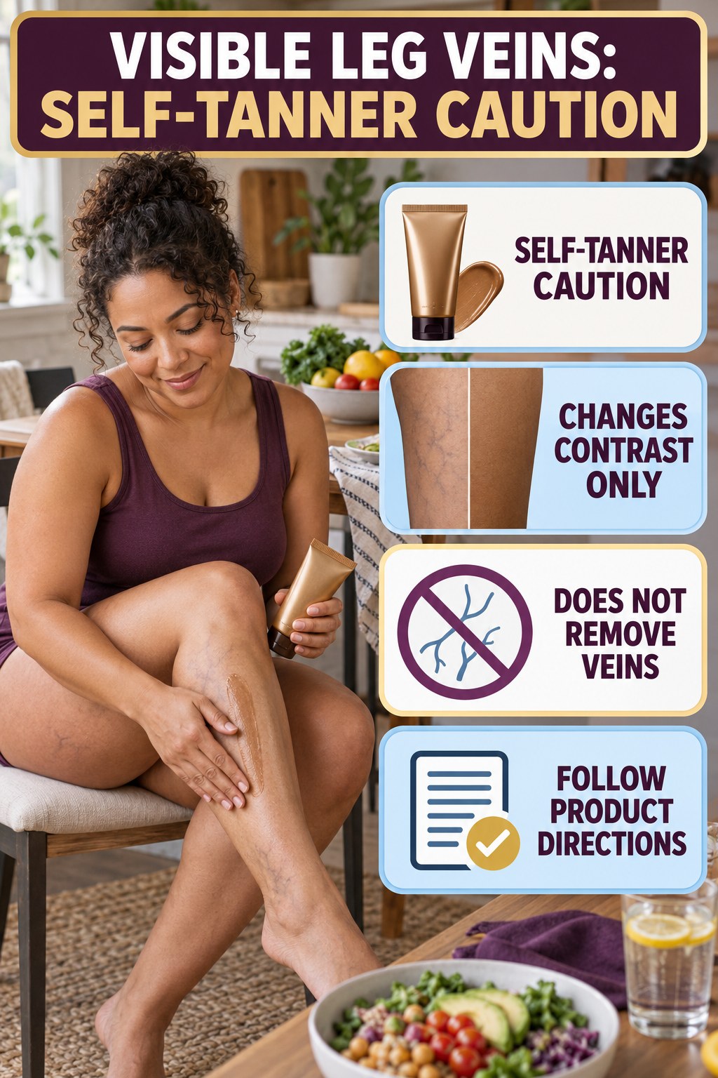 Self-Tanner Caution infographic for Budget Healthy Meals, showing body-neutral visible-leg-vein appearance care and the boundary between temporary cosmetic support and treatment.
