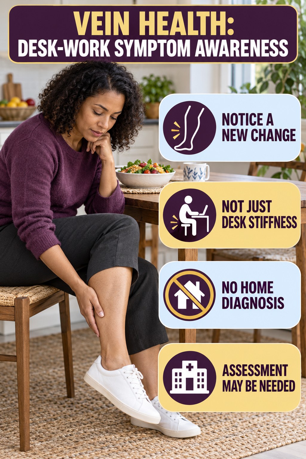 Desk-Work Symptom Awareness infographic for Budget Healthy Meals, explaining vein-health warning signs and the appropriate next action without diagnosing a condition.