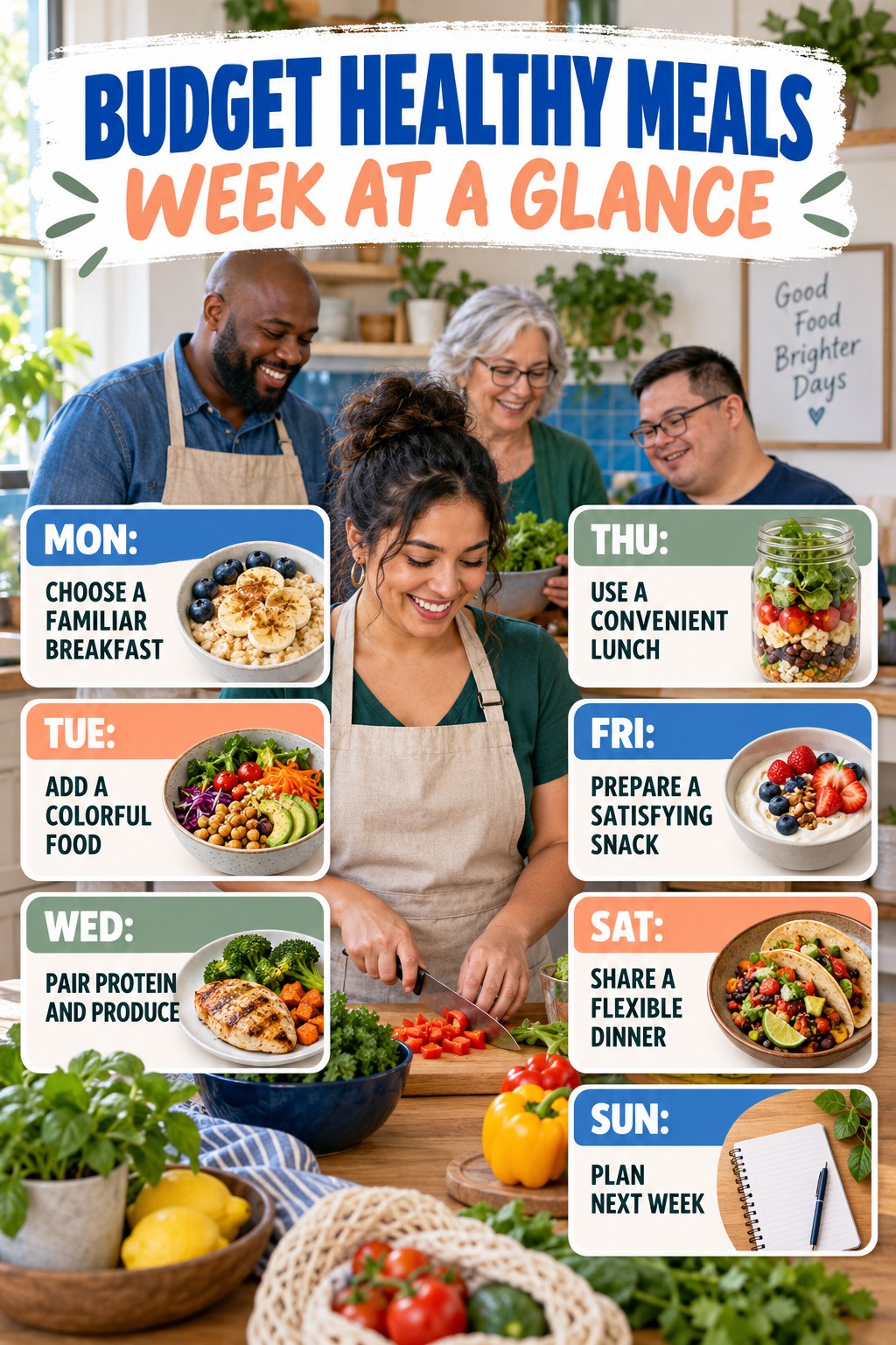 Weekly Budget Healthy Meals plan graphic with concise Monday-to-Sunday actions and flexible recovery guidance.