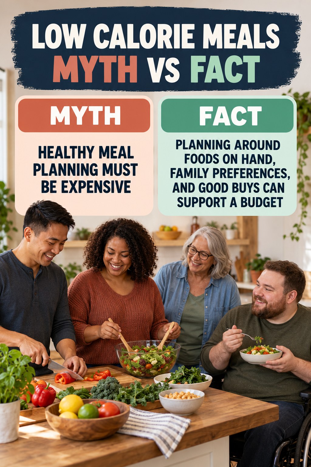 Low Calorie Meals Myth vs Fact graphic correcting the misconception about budget meal planning.
