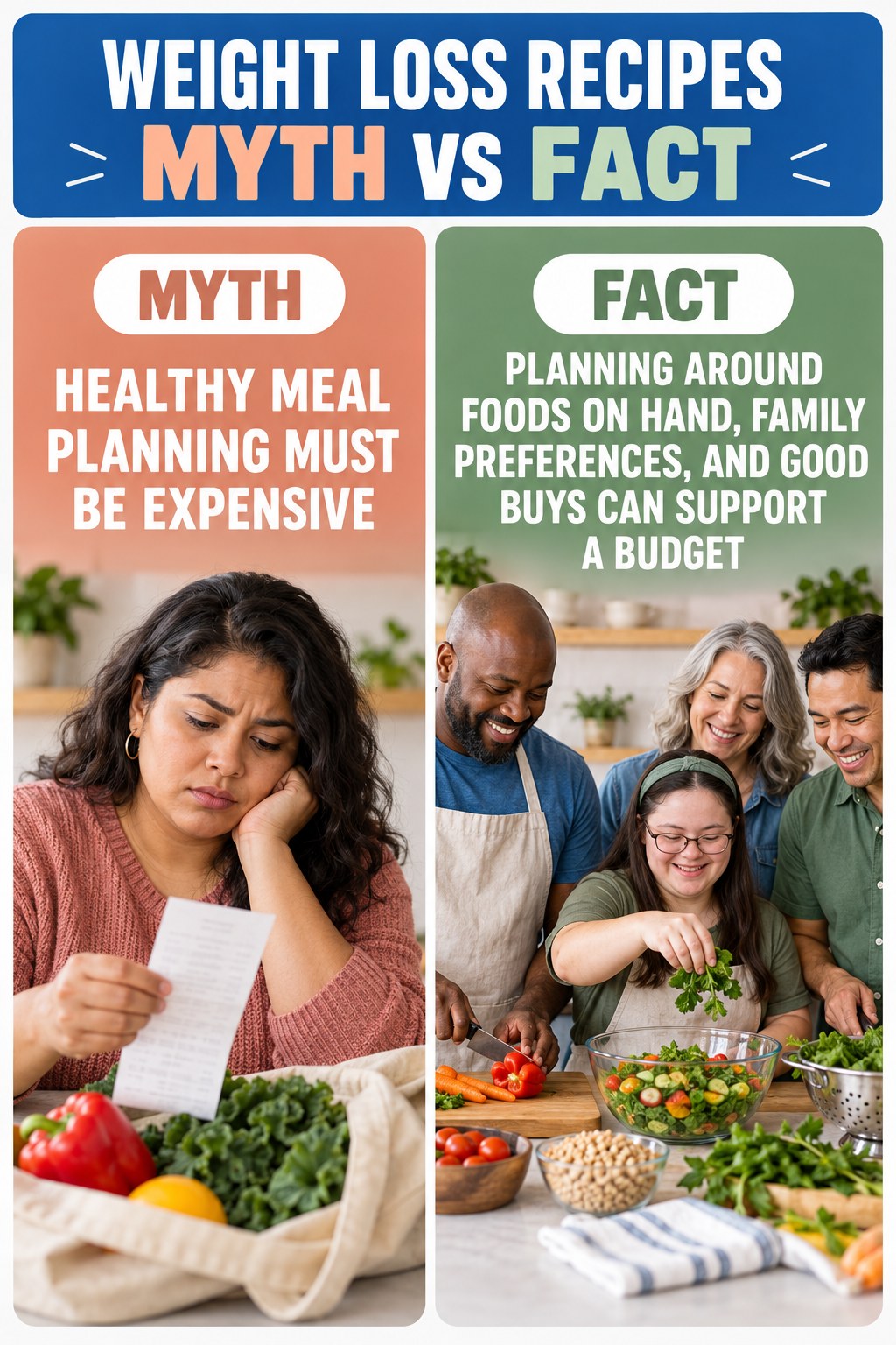 Weight Loss Recipes Myth vs Fact graphic correcting the misconception about budget meal planning.