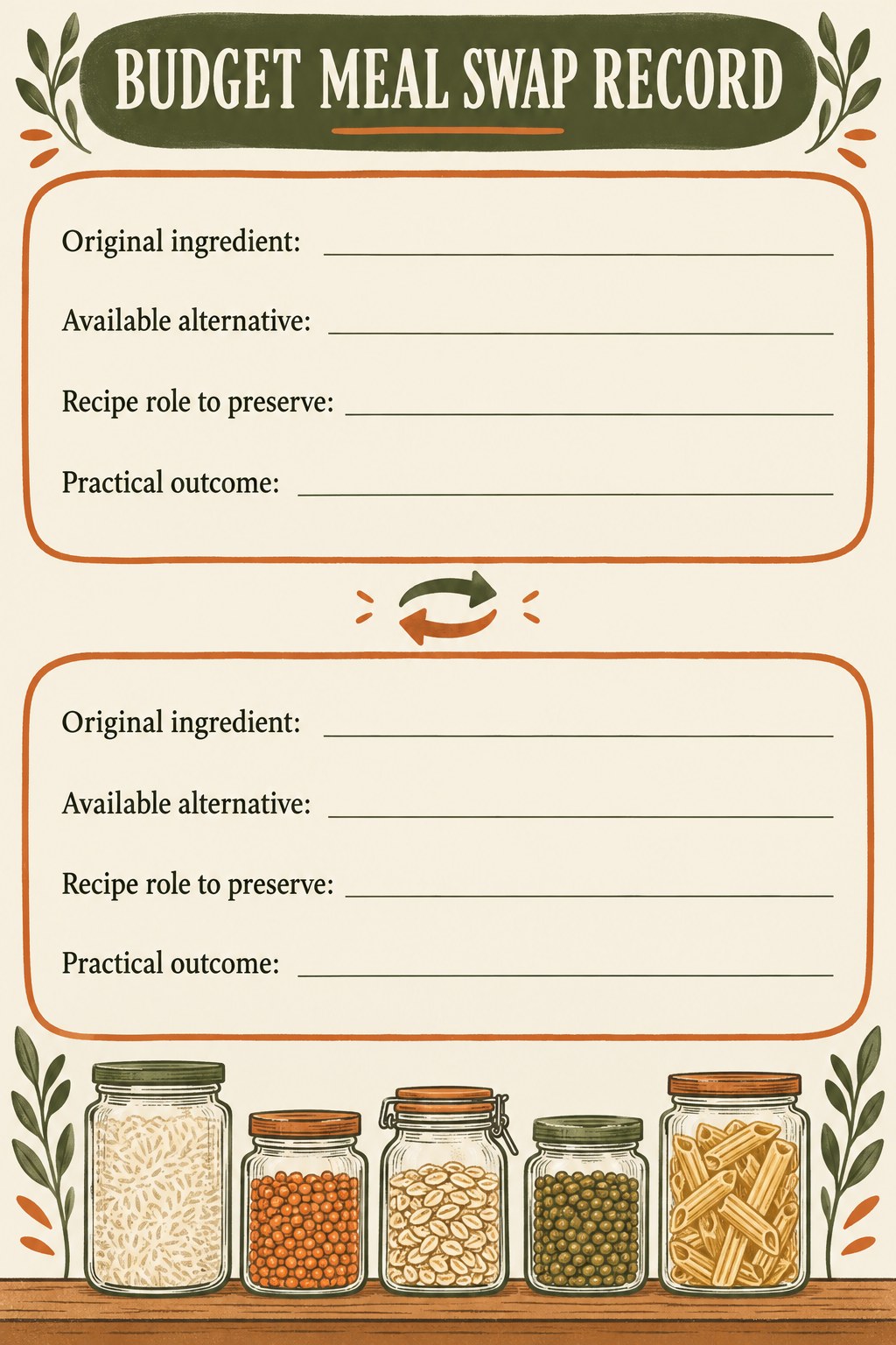 Two blank budget substitution cards for original ingredient, alternative, recipe role, and practical outcome.