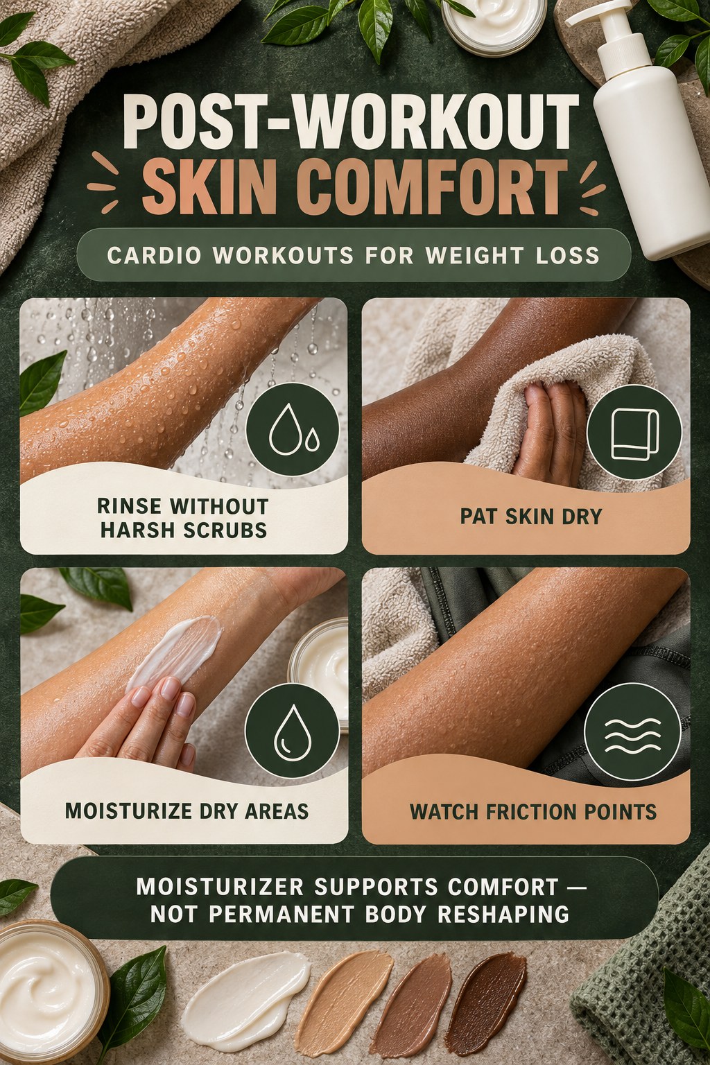 Build a Post-Workout Moisturizing Routine body-moisturization infographic for Cardio Workouts for Weight Loss with four body-neutral comfort actions.