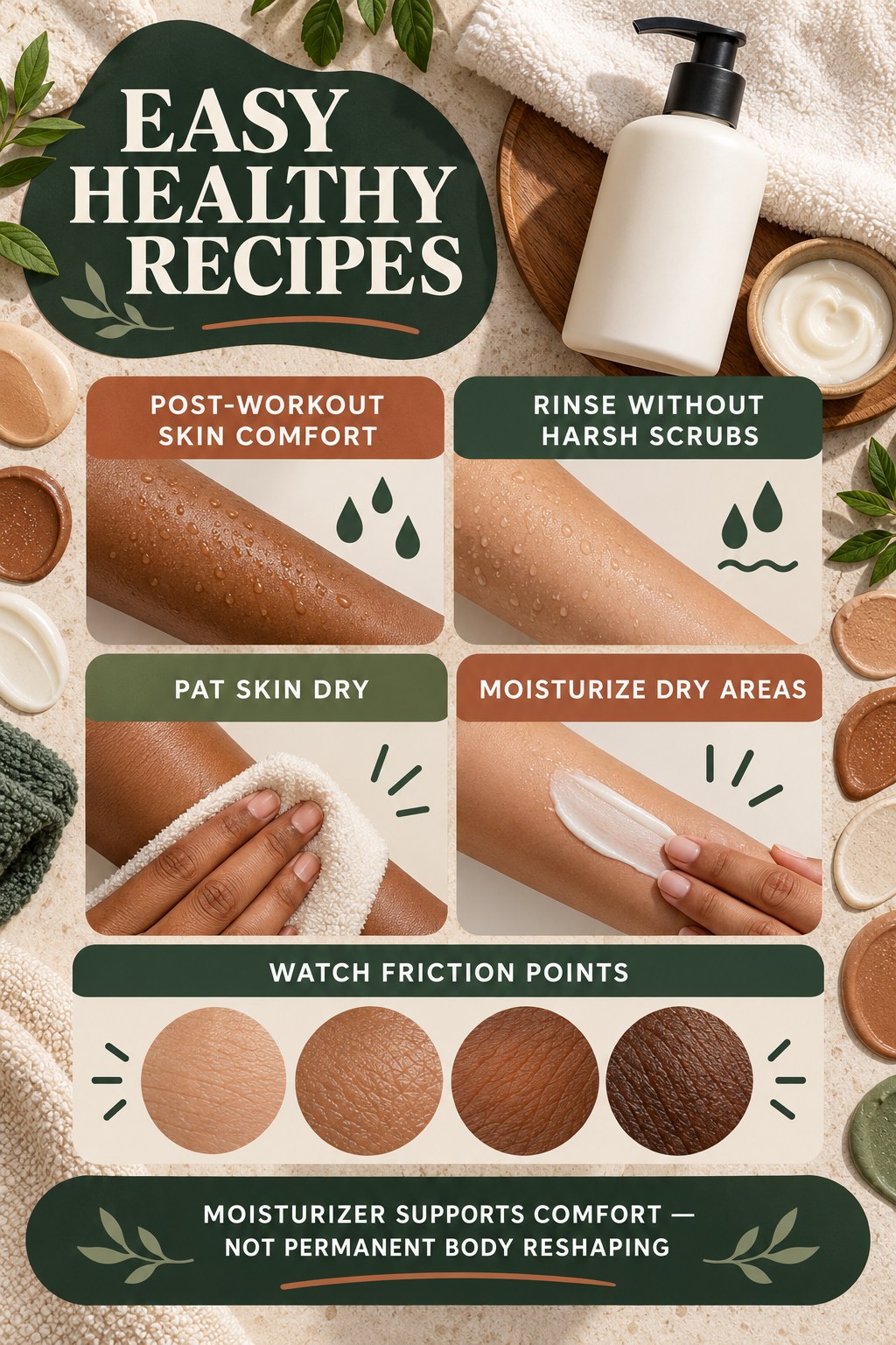 Build a Post-Workout Moisturizing Routine body-moisturization infographic for Easy Healthy Recipes with four body-neutral comfort actions.