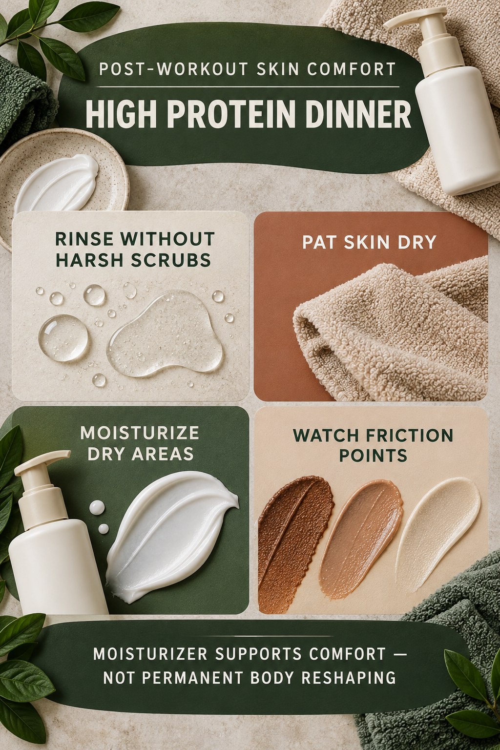 Build a Post-Workout Moisturizing Routine body-moisturization infographic for High Protein Dinner with four body-neutral comfort actions.