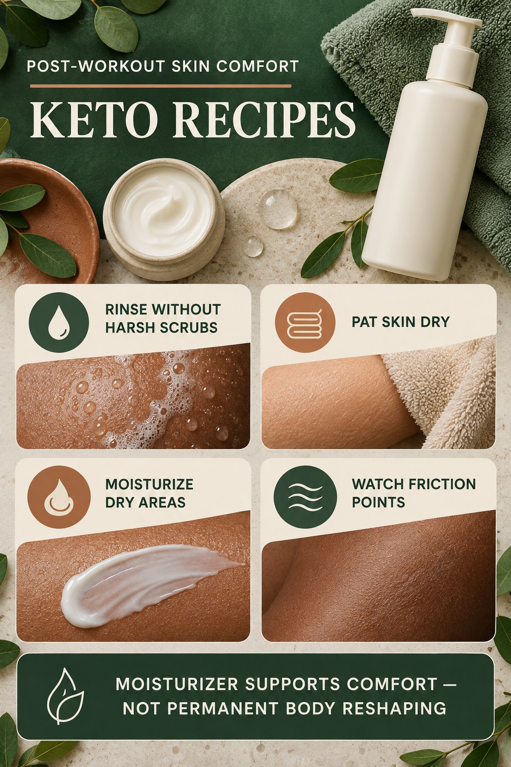 Build a Post-Workout Moisturizing Routine body-moisturization infographic for Keto Recipes with four body-neutral comfort actions.