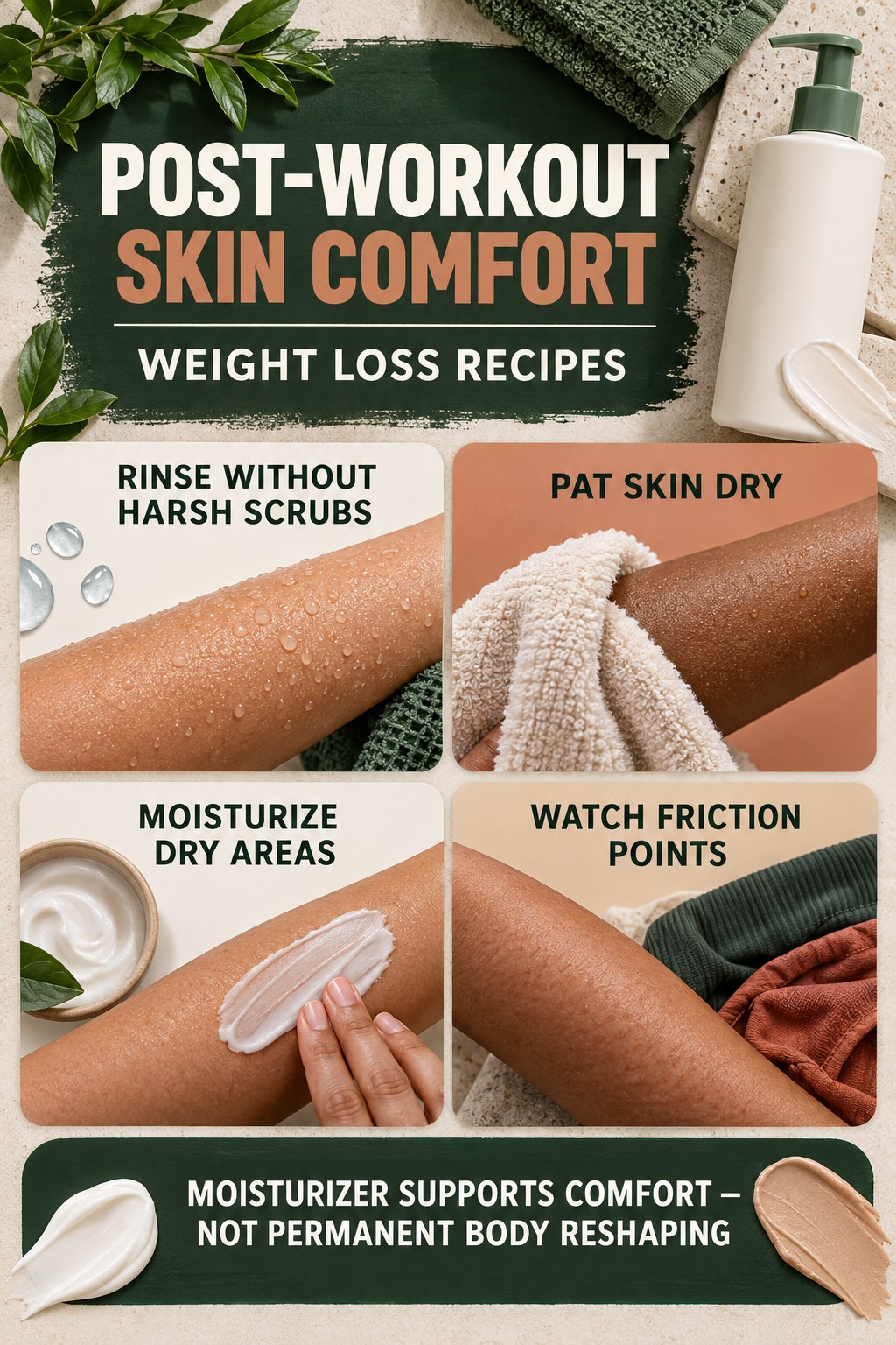Build a Post-Workout Moisturizing Routine body-moisturization infographic for Weight Loss Recipes with four body-neutral comfort actions.