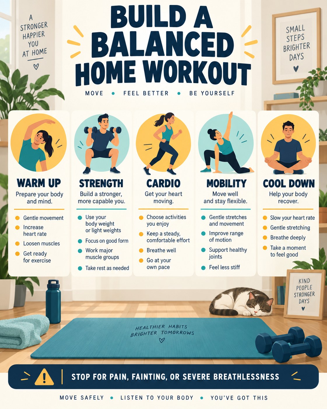 Balanced home workout infographic with warm-up, strength, cardio, mobility and cool-down sections