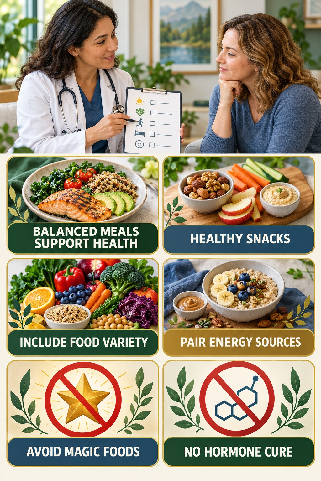 Build Balanced Meals Without Hormone Hype natural-energy and hormone-health-literacy infographic for Healthy Snacks with four practical checks.