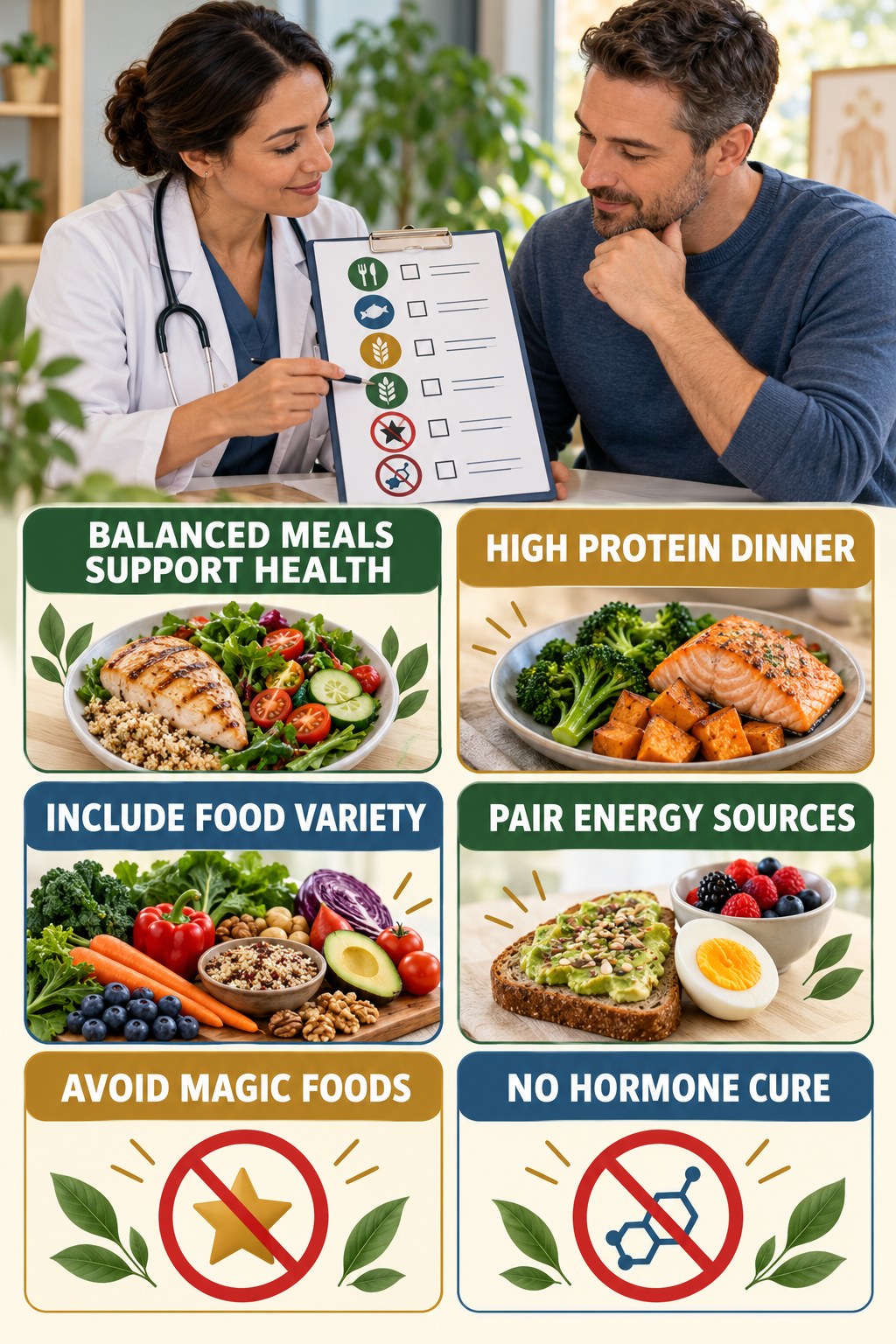 Build Balanced Meals Without Hormone Hype natural-energy and hormone-health-literacy infographic for High Protein Dinner with four practical checks.