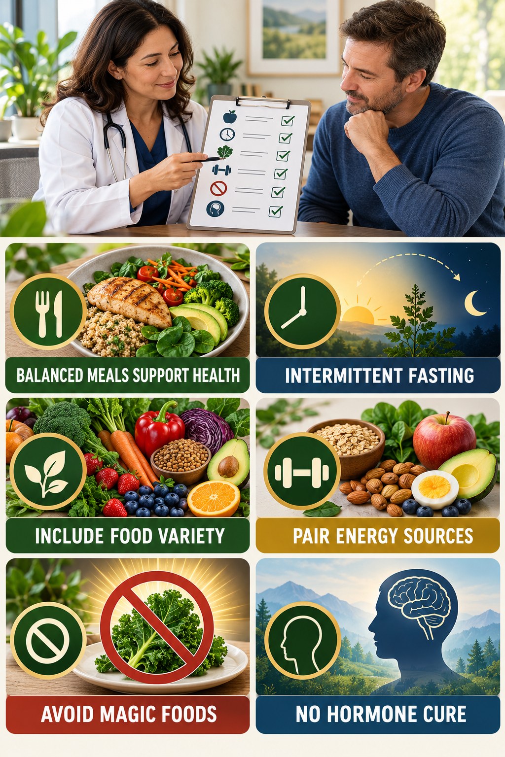 Build Balanced Meals Without Hormone Hype natural-energy and hormone-health-literacy infographic for Intermittent Fasting with four practical checks.