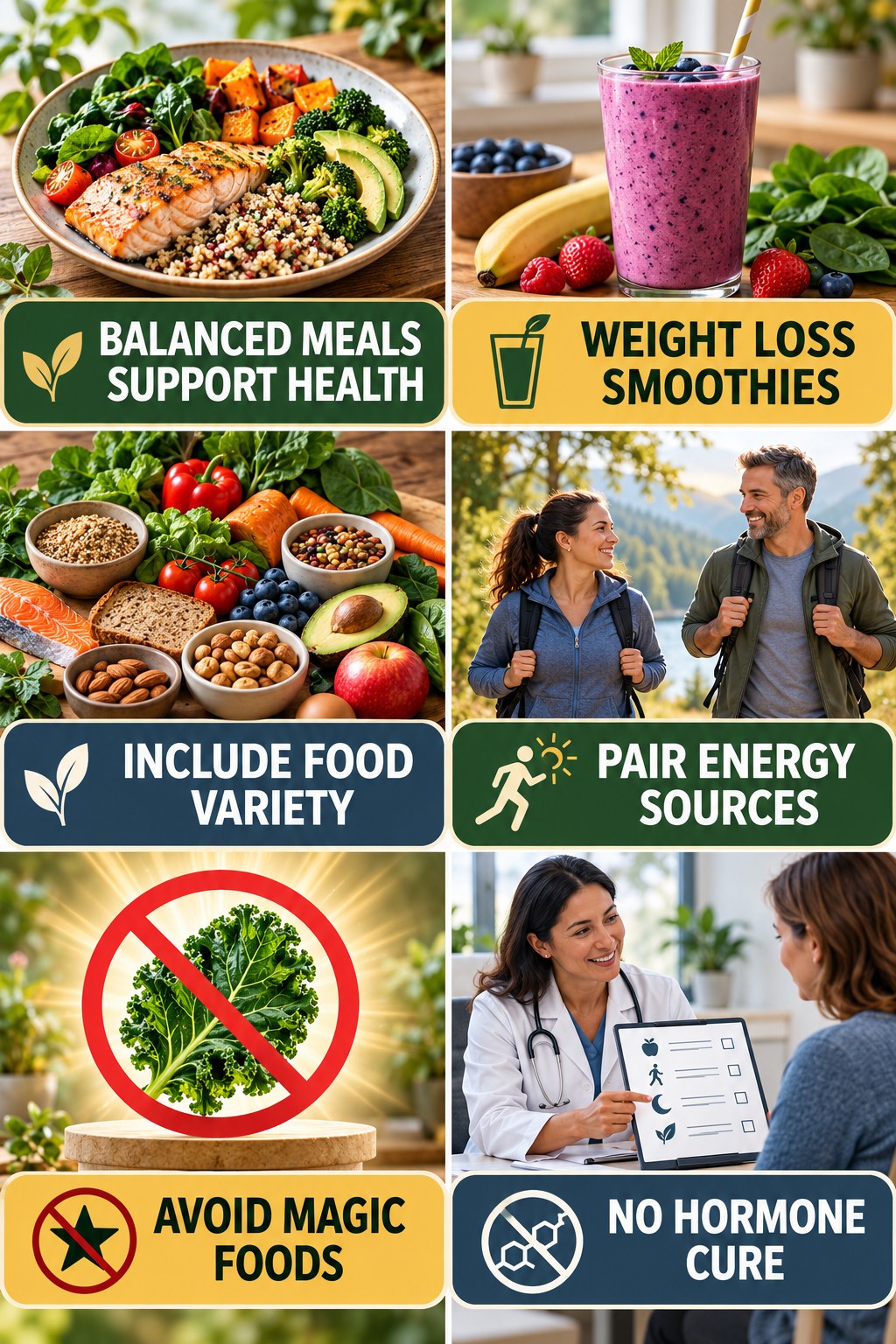 Build Balanced Meals Without Hormone Hype natural-energy and hormone-health-literacy infographic for Weight Loss Smoothies with four practical checks.