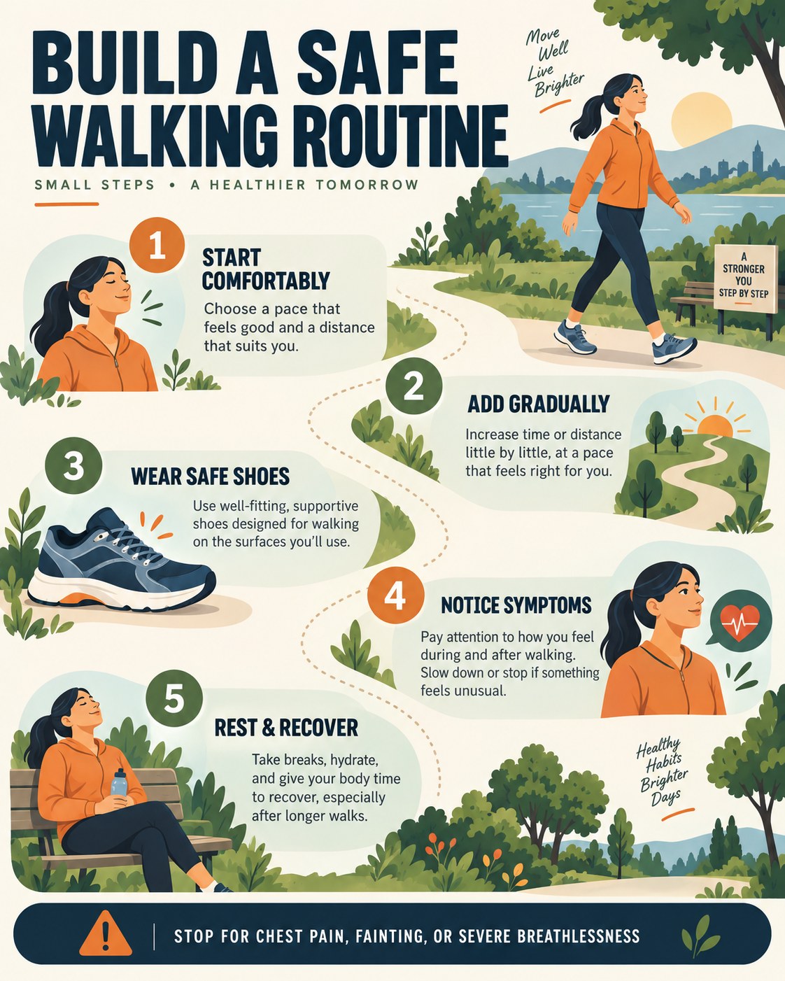 Walking routine infographic showing comfortable start, gradual progression, safe shoes, symptom checks and recovery