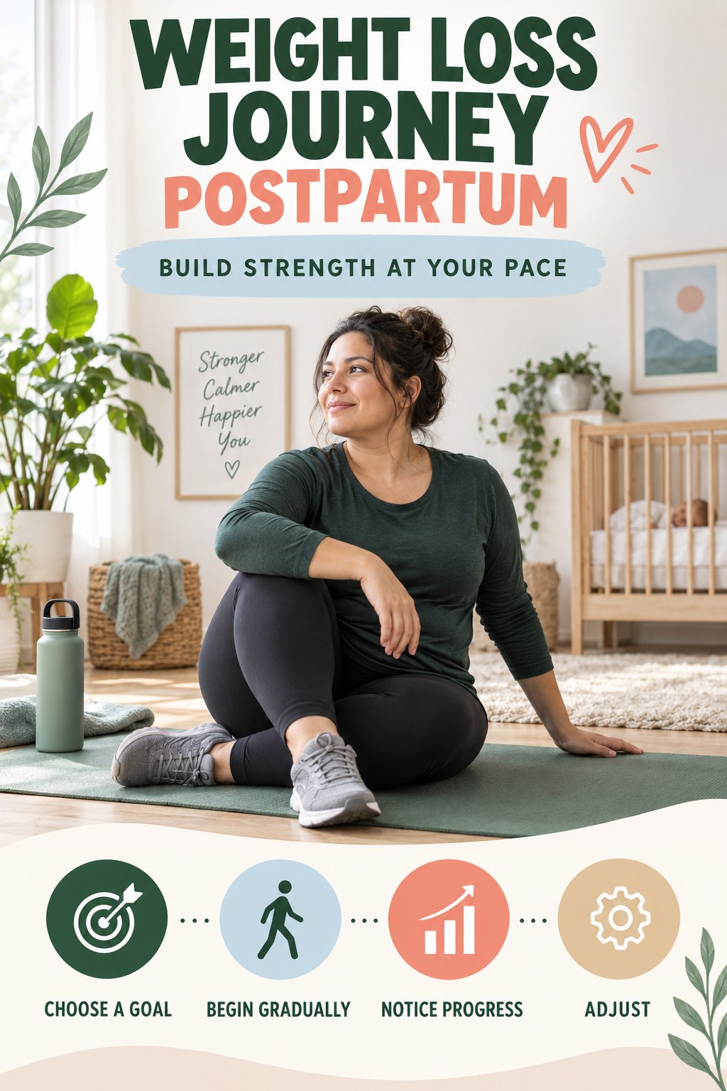 Weight Loss Journey postpartum graphic titled Build Strength at Your Pace with four gradual recovery-aware prompts.