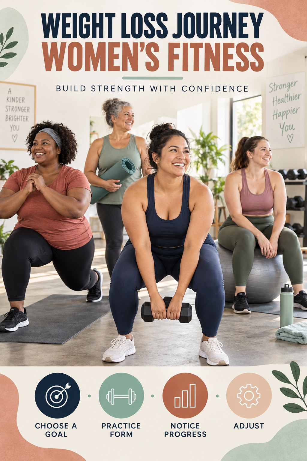 Weight Loss Journey women’s fitness graphic titled Build Strength with Confidence with four practical training prompts.