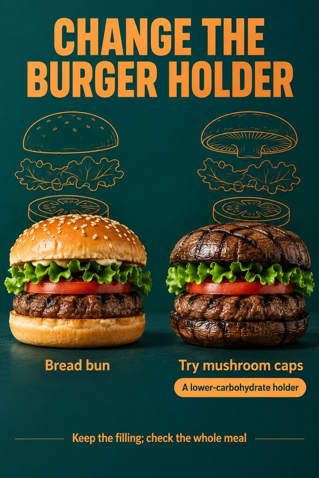 Teal burger poster compares a bread bun with portobello mushroom caps around the same patty, lettuce, and tomato.