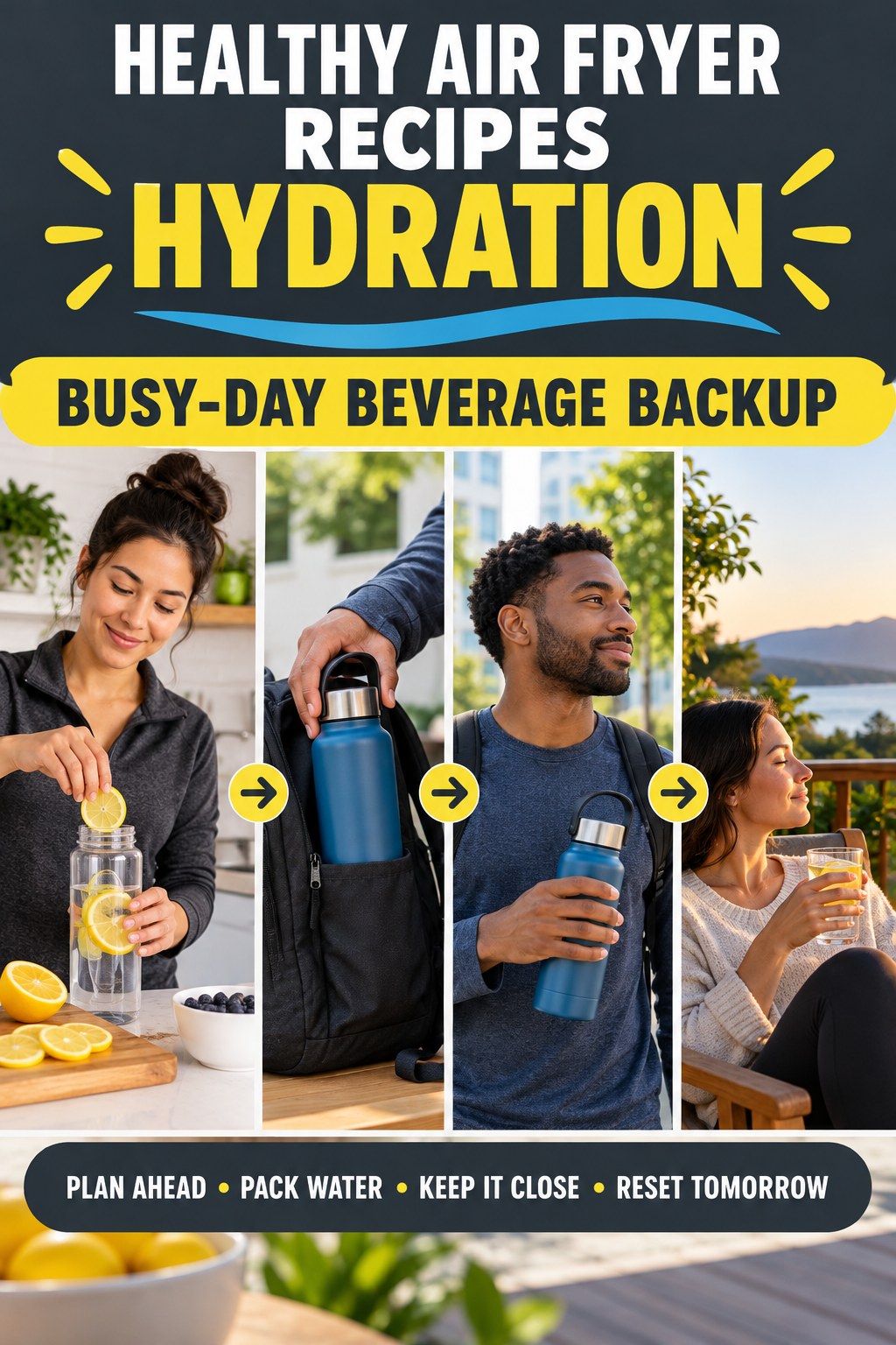 Healthy Air Fryer Recipes hydration graphic titled Busy-Day Beverage Backup with four flexible water-habit prompts and no fixed intake target.