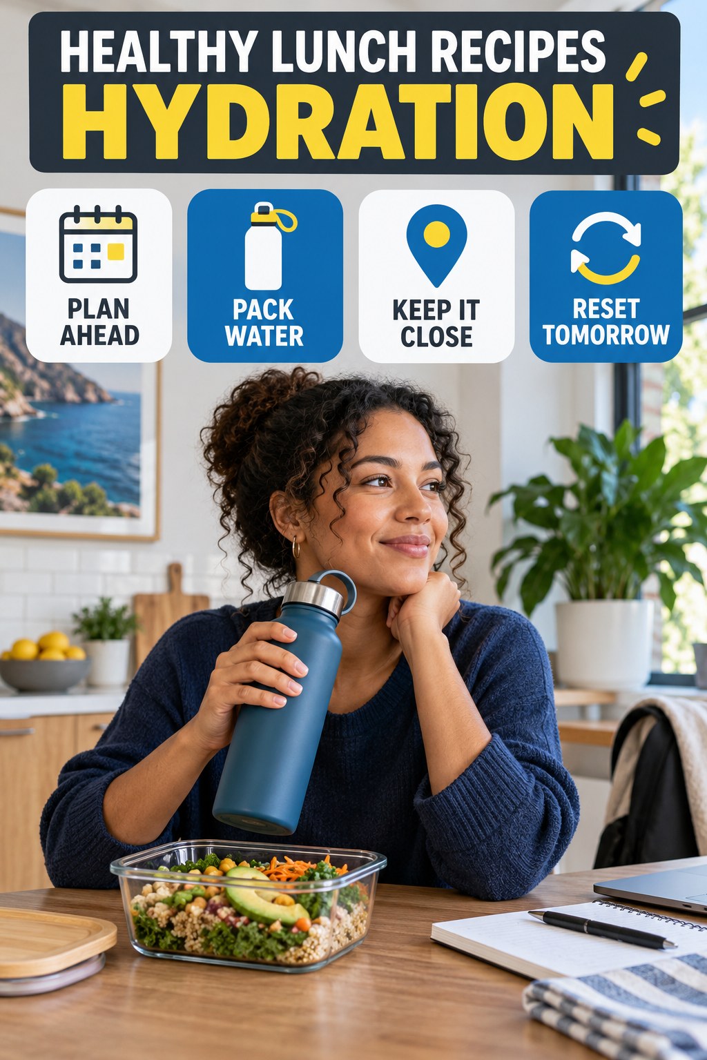 Healthy Lunch Recipes hydration graphic titled Busy-Day Beverage Backup with four flexible water-habit prompts and no fixed intake target.