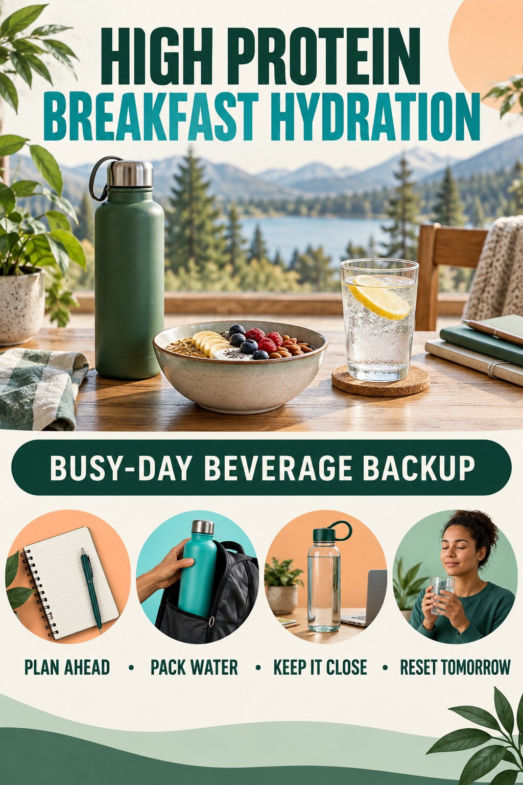 High Protein Breakfast hydration graphic titled Busy-Day Beverage Backup with four flexible water-habit prompts and no fixed intake target.