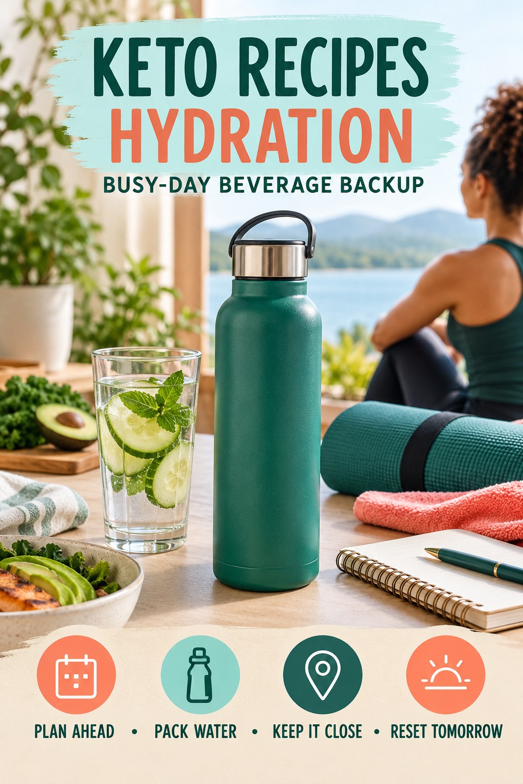Keto Recipes hydration graphic titled Busy-Day Beverage Backup with four flexible water-habit prompts and no fixed intake target.